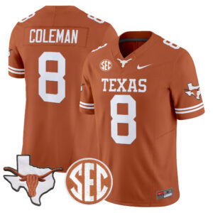 Cam Coleman Jersey #8 Texas Longhorns 2026 State Map & SEC Patch All Stitched