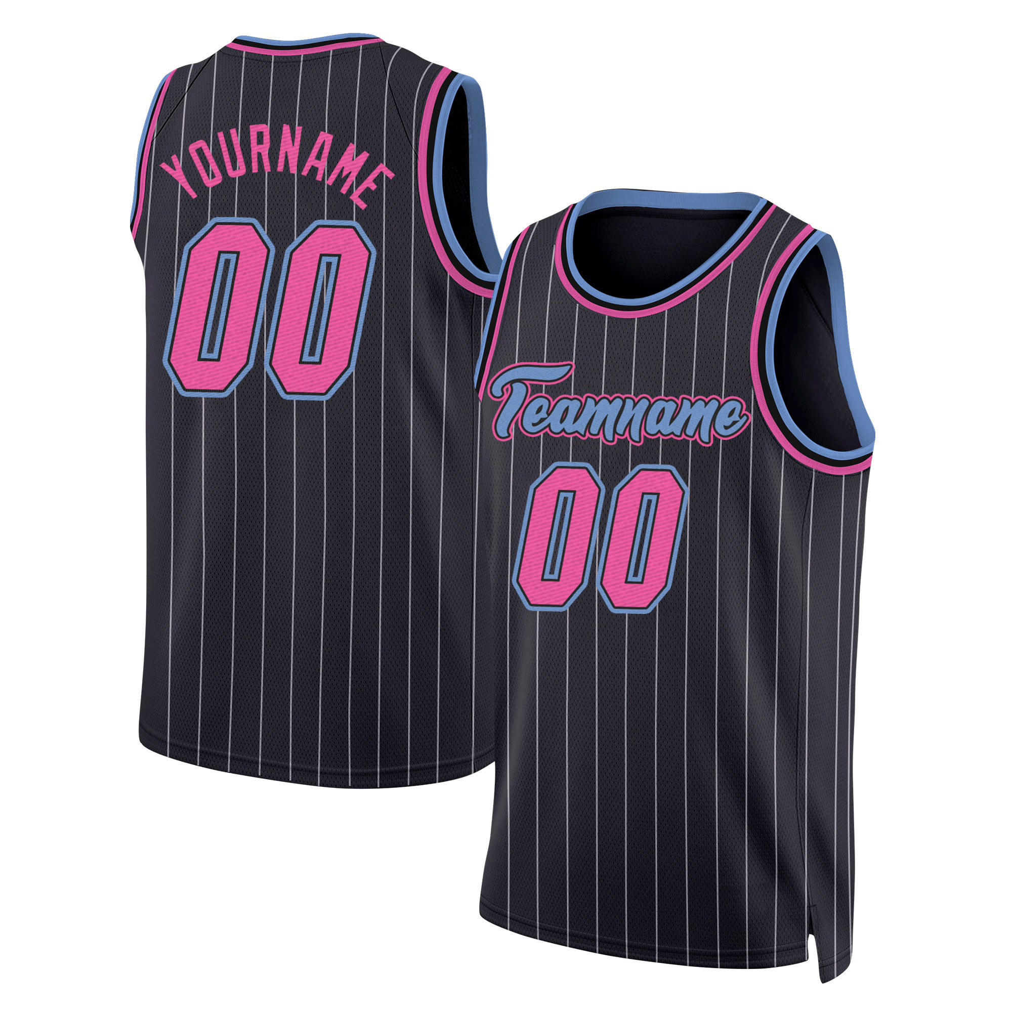 Black White Pinstripe Pink-Light Blue Custom Basketball Jersey Black White Pinstripe Pink-Light Blue Custom Basketball Jersey