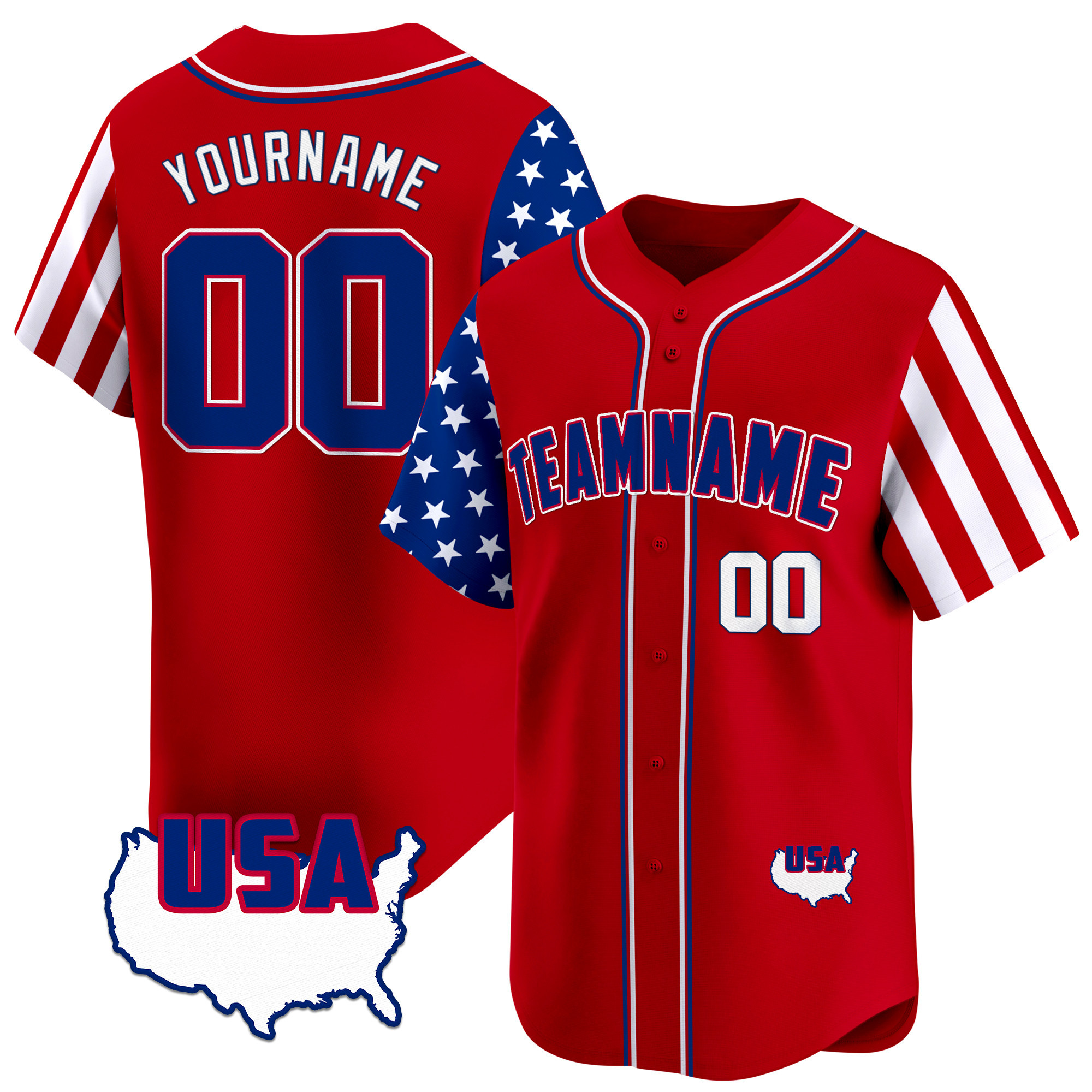 Red Royal - White American Map Custom Baseball Jersey Red Royal - White American Map Custom Baseball Jersey